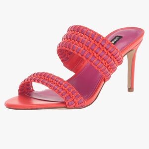 Nine West Pause Woven Heels Coral Pink Mule Sandals 3.15” Heel Size 9